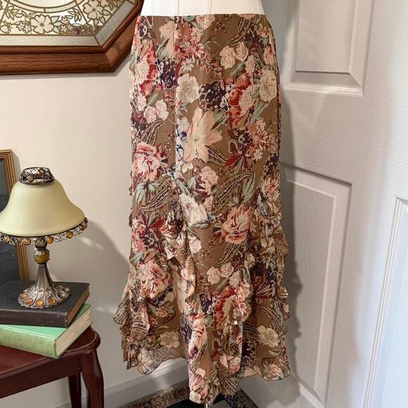 Y2K Nygard Collection Light Brown & Multi Floral Ruffle Boho Fairy Midi Skirt 10 - Picture 1 of 8